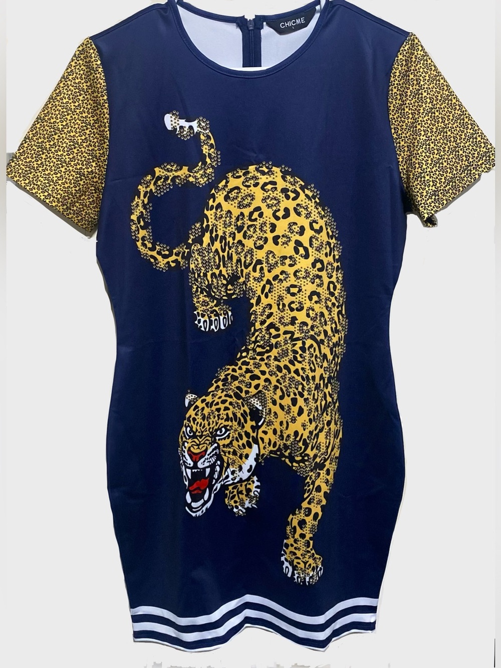 CHICME Leopard Big Cat Bodycon Mini Dress Women’s Large Navy Blue Short Sleeve